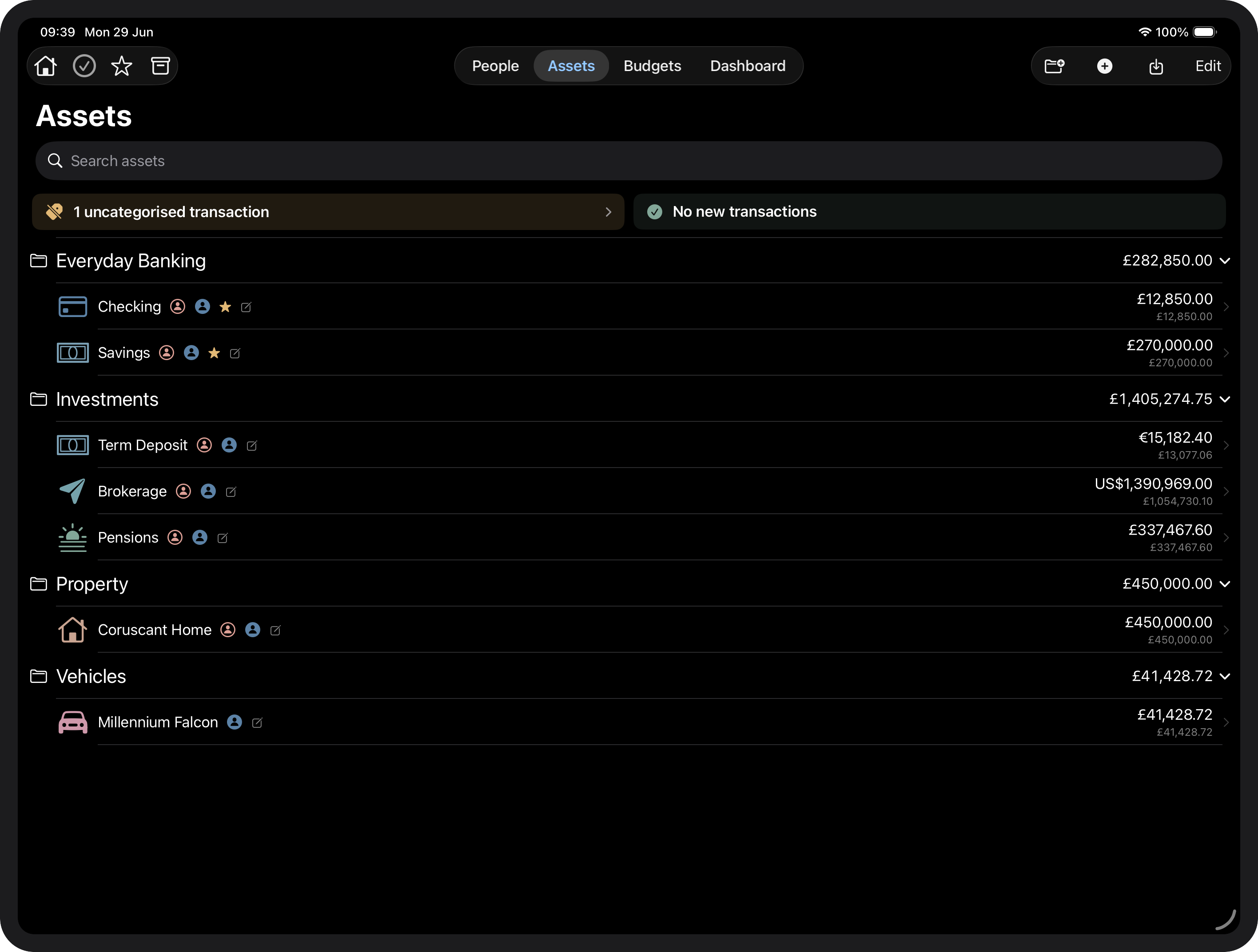 Tally Up assets list showing all accounts grouped by type