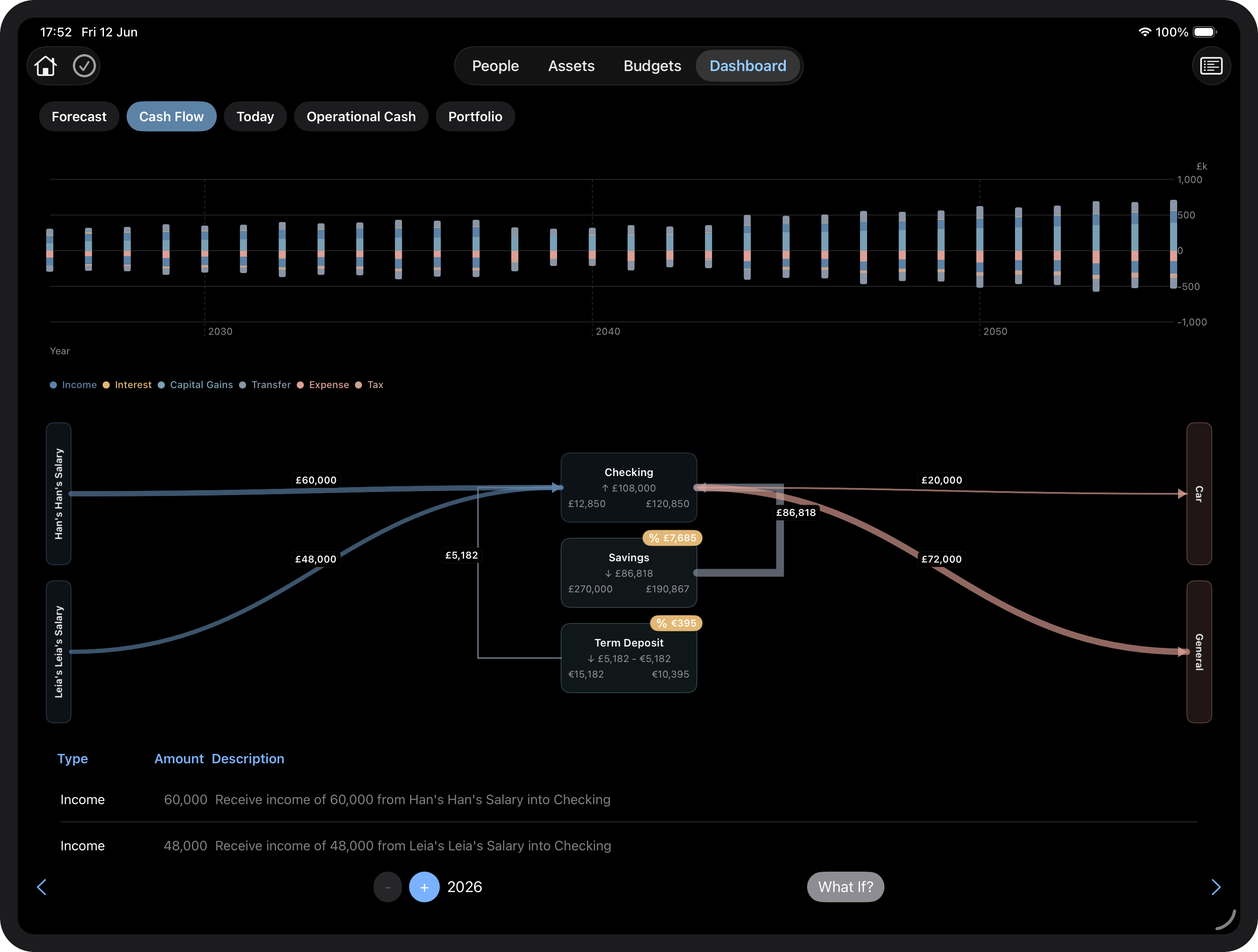 Tally Up cash flow view showing income and expense flows
