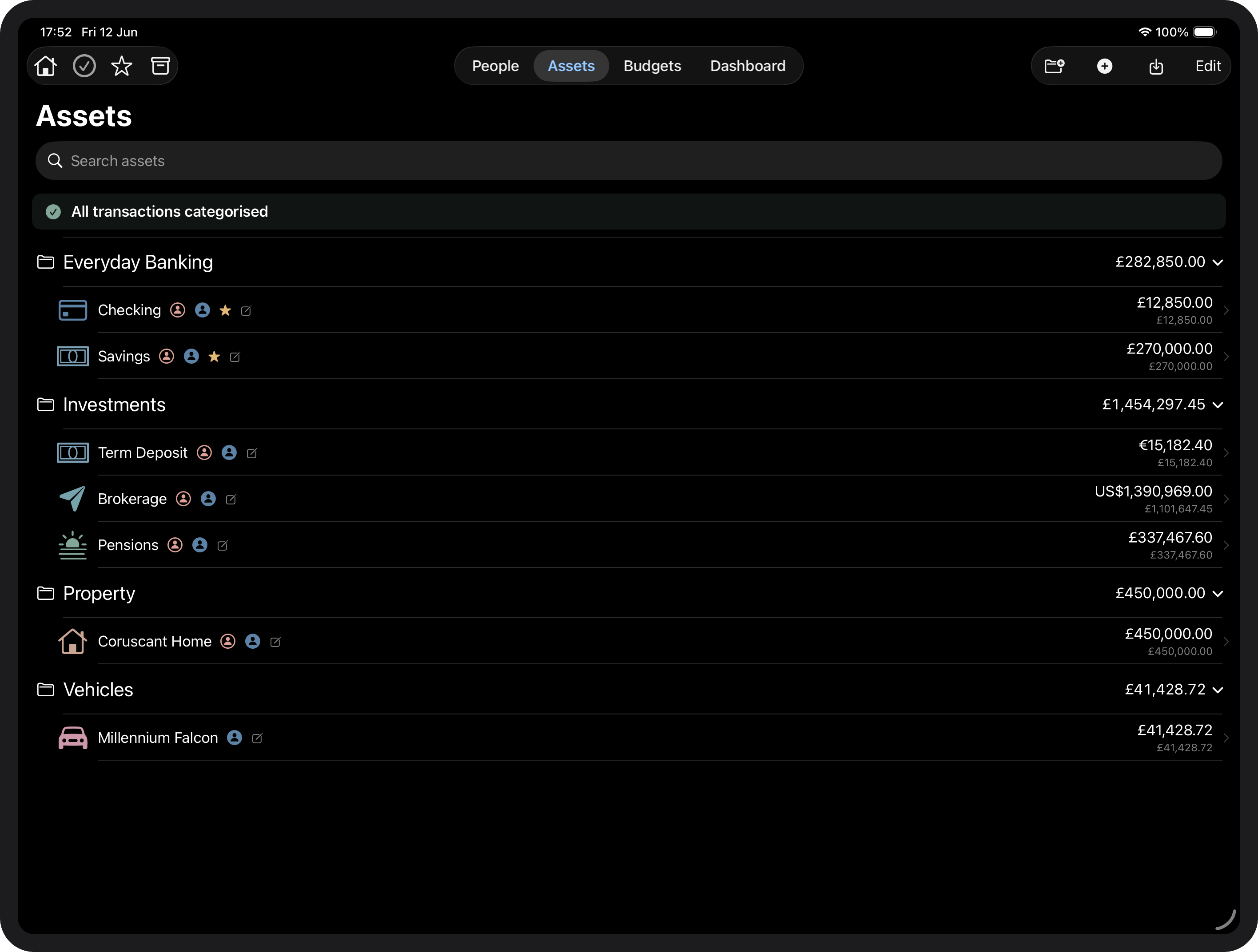 Tally Up assets list showing all accounts grouped by type