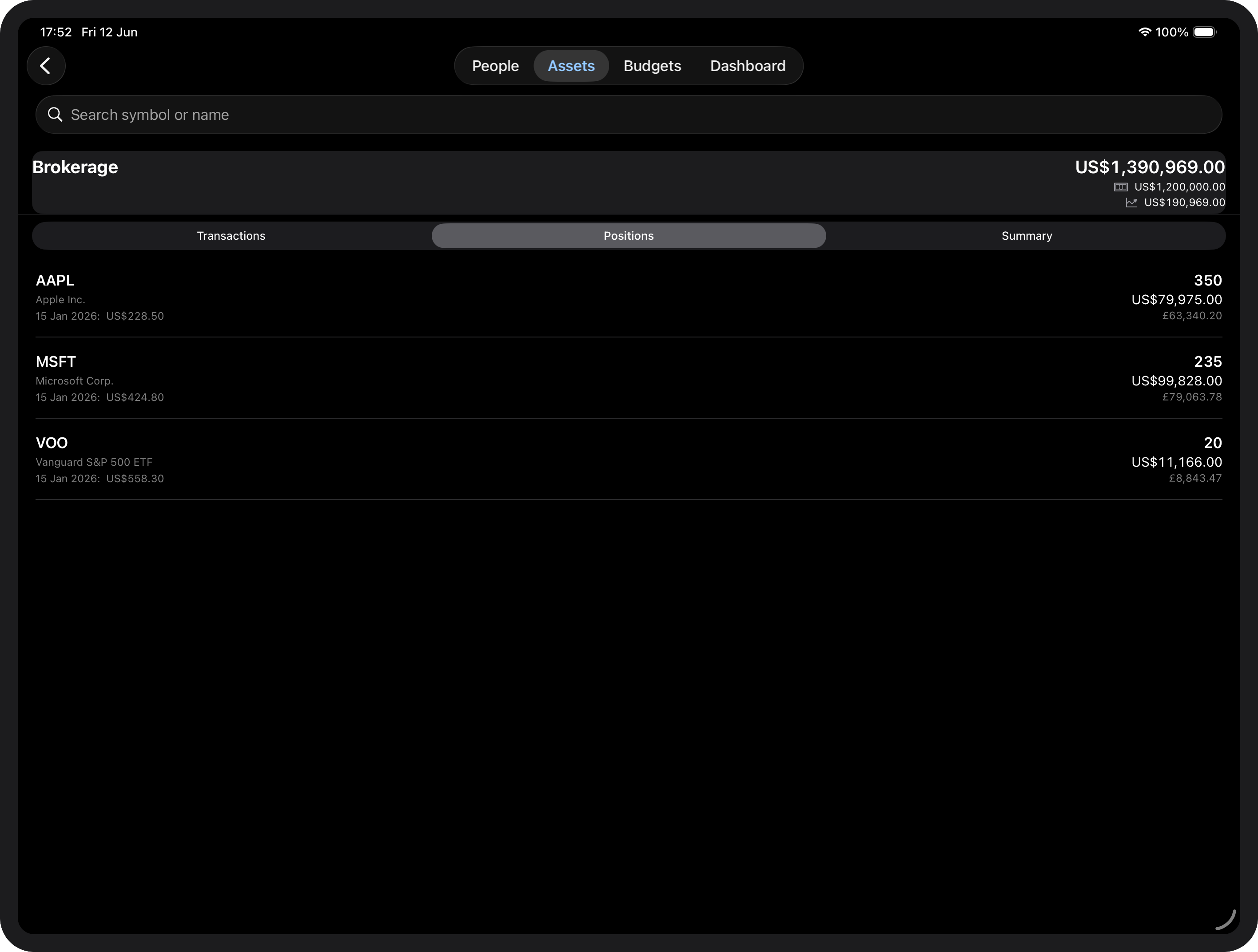 Positions tab