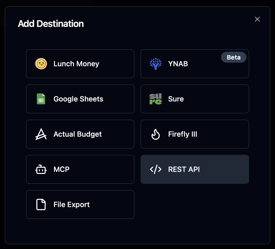 Lunch Flow Destinations screen showing the Add Destination button