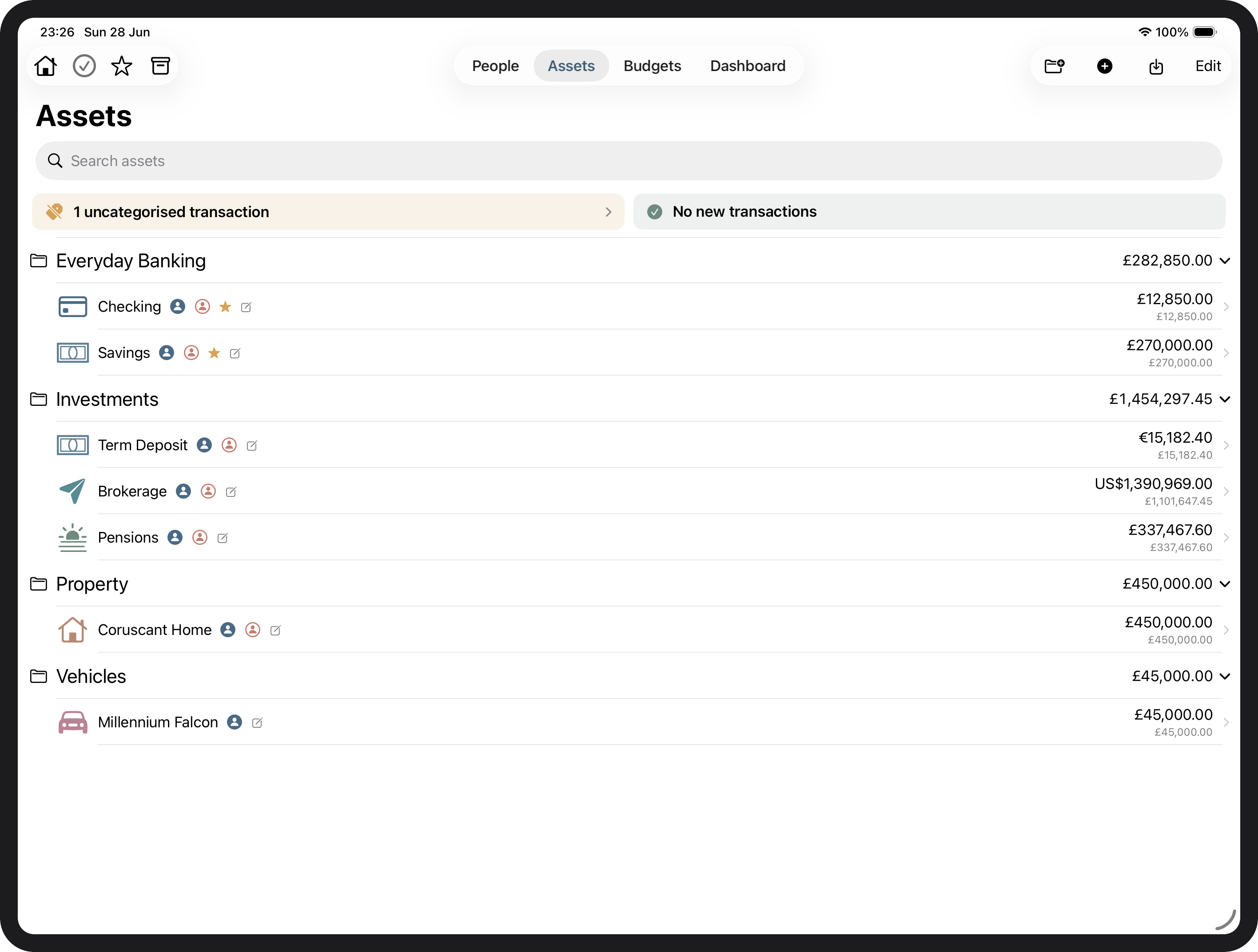 Tally Up assets list showing all accounts grouped by type