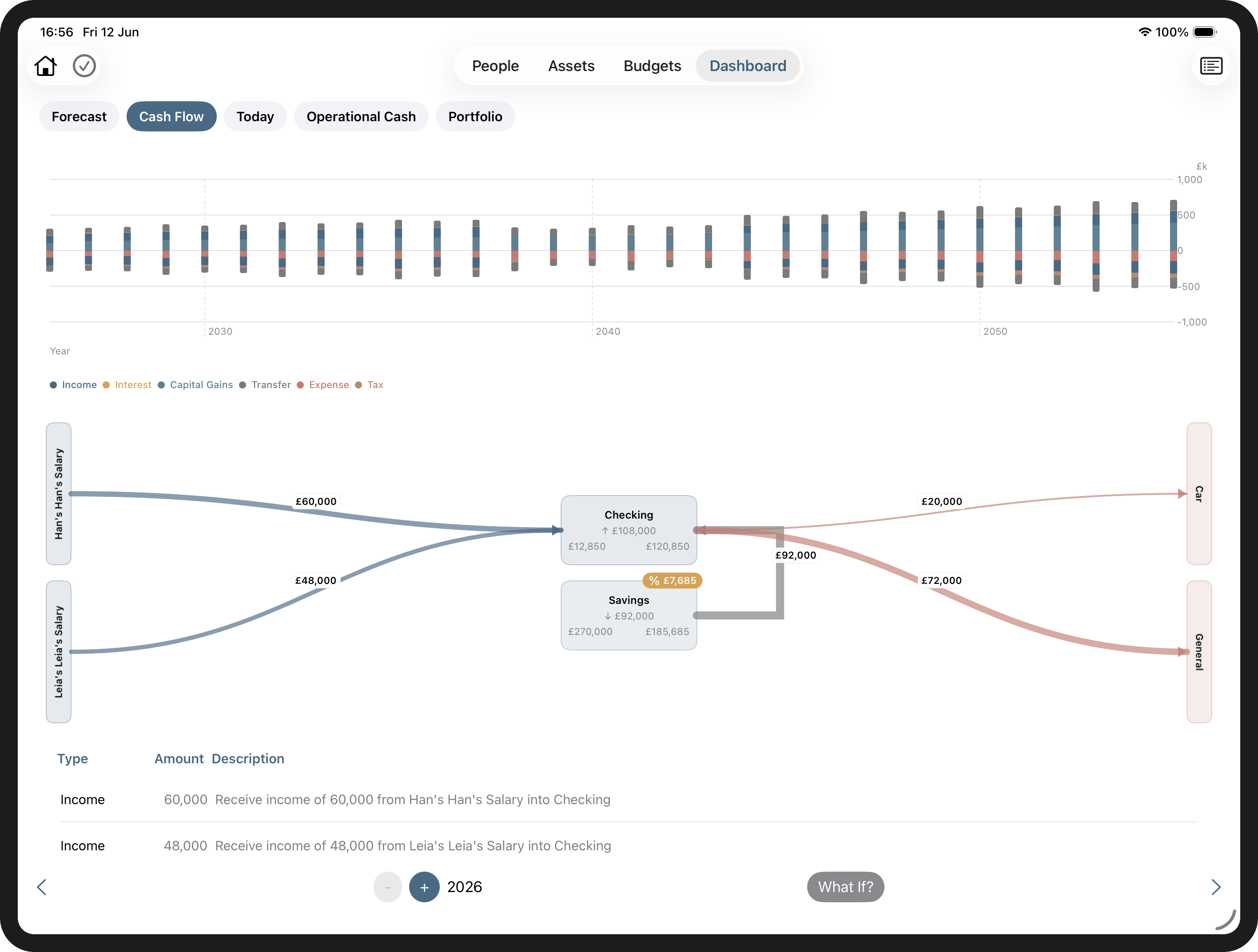 Tally Up cash flow view showing income and expense flows