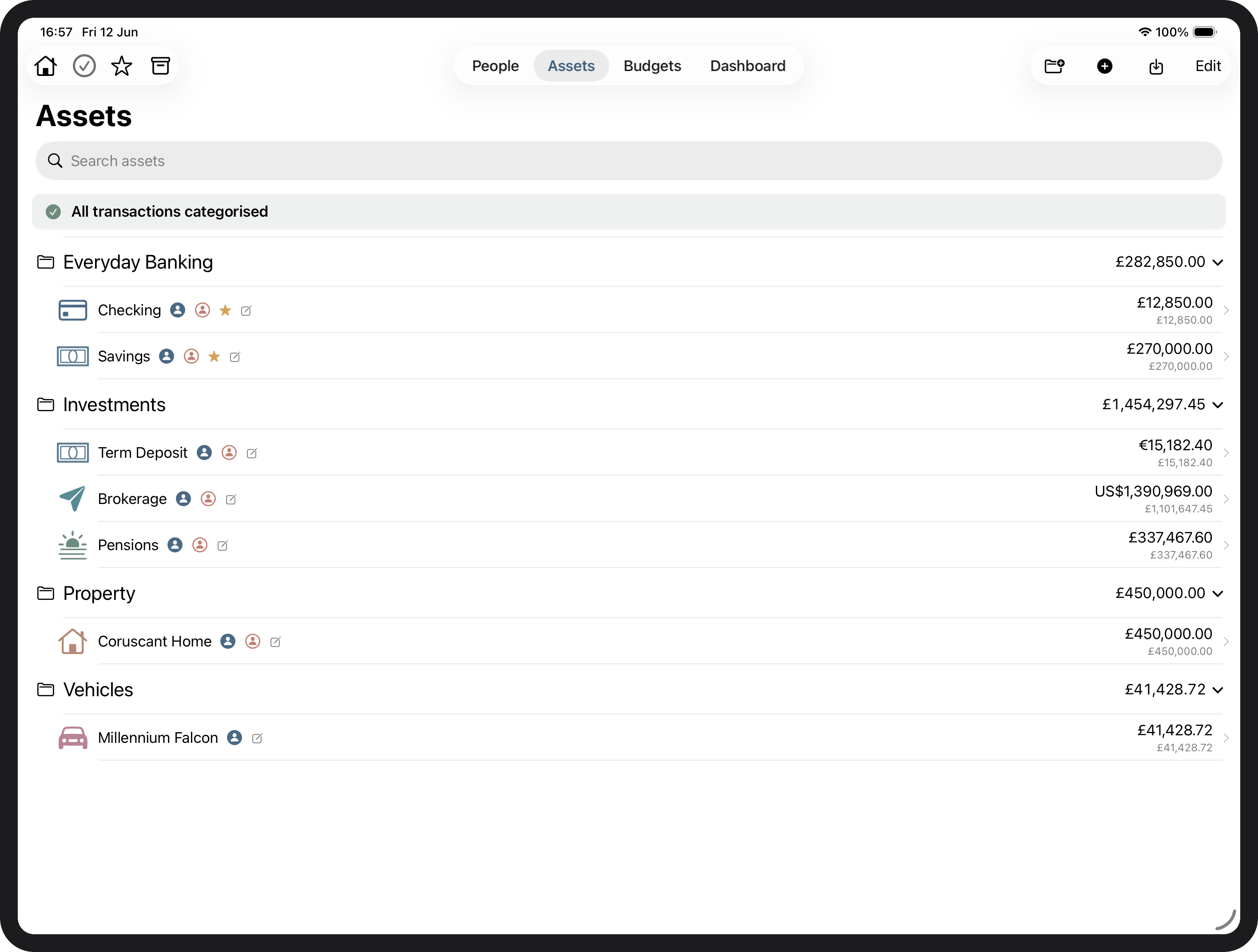 Tally Up assets list showing all accounts grouped by type