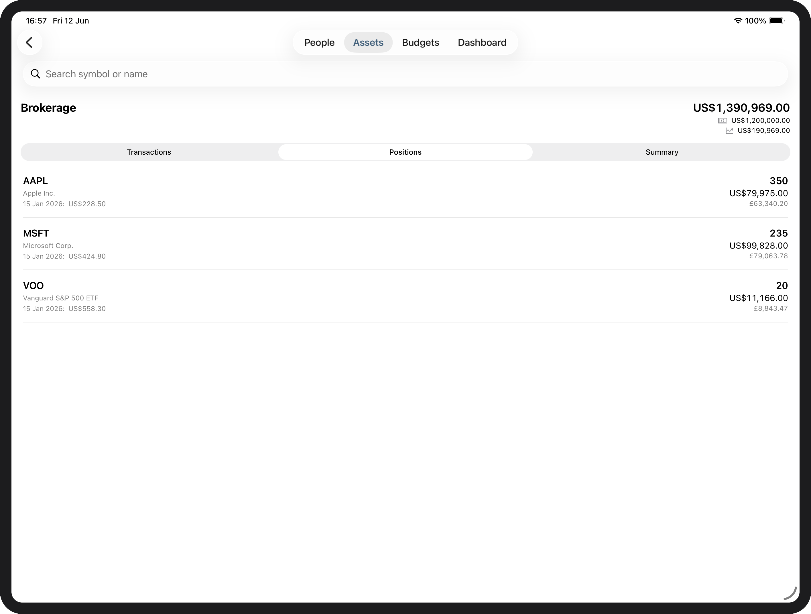 Positions tab