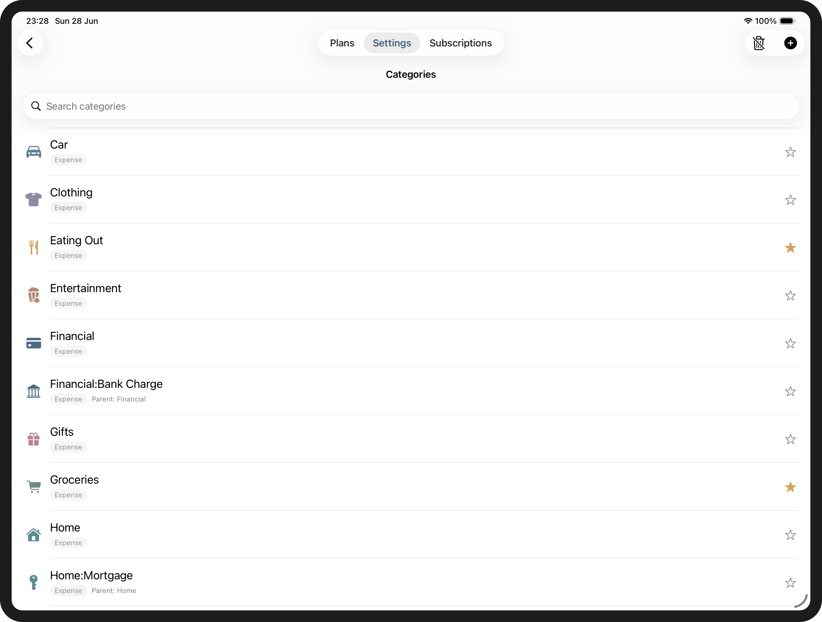 Categories list